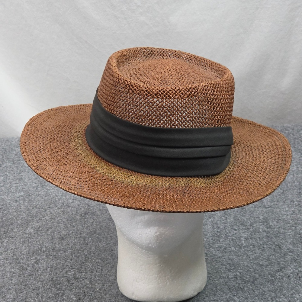 Vintage Straw Fedora Hat Mens L XL Brown Black Band Sun USA Coastal Firethorn